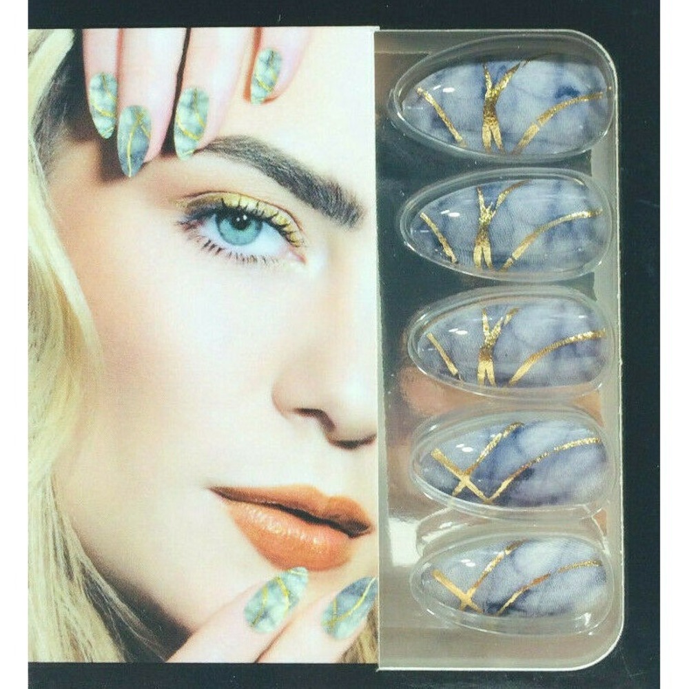 Salon Perfect Design Nail Set Of 2 Grey Marble Gold Press On W/Glue Manicure - Picture 5 of 5